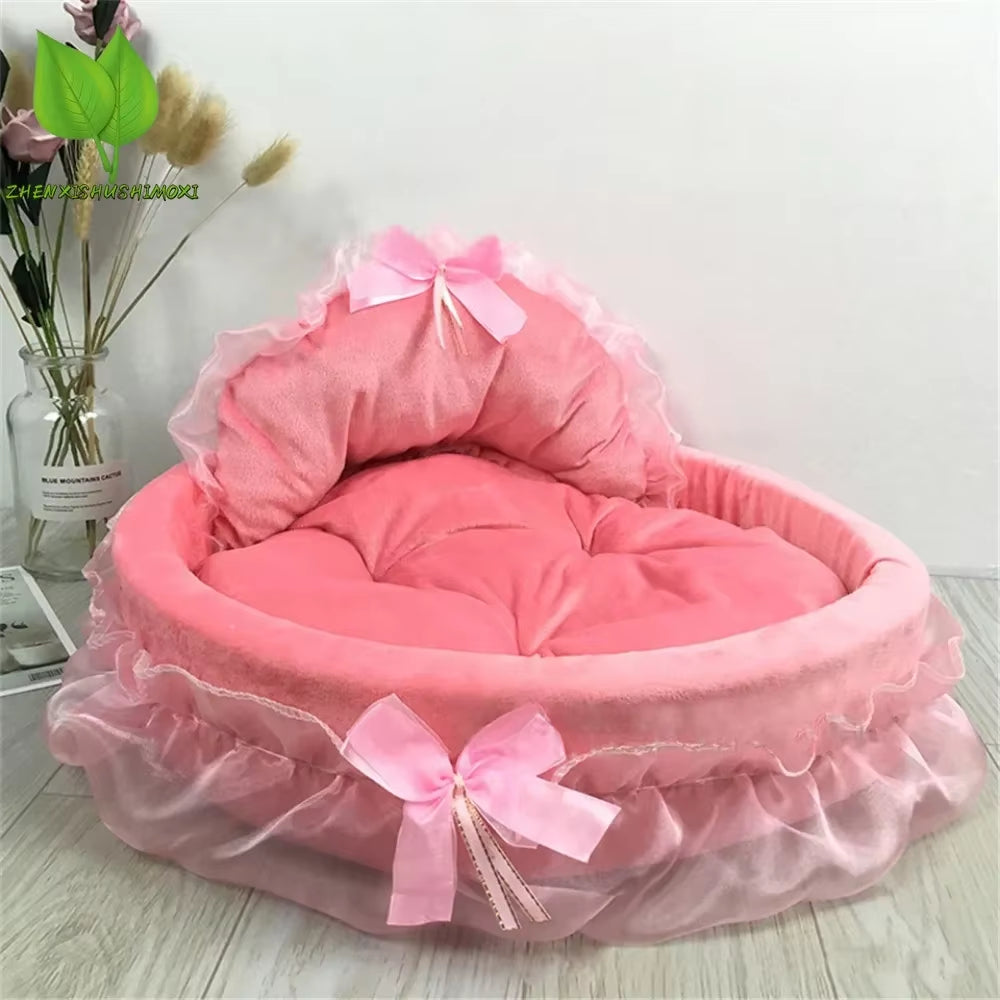 3D Fantasy Bow Lace Pet Bed for Dogs Romantic Detachable Oval Princess Pet Bed Dog Soft Sofa Nest Pet Wedding Furniture 1Pc