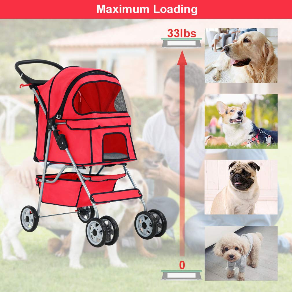 | 4-Wheel Foldable Pet Stroller | Red | Lightweight & Portable