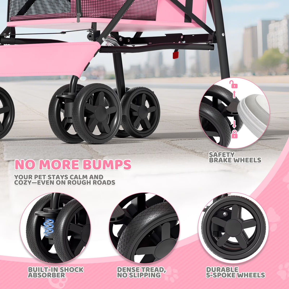 Magshion Foldable Pet Stroller for Small Dogs Cats up to 22Lbs, Lightweight 4-Wheel Travel Jogger with Mesh Cup Holder Storage, Pink