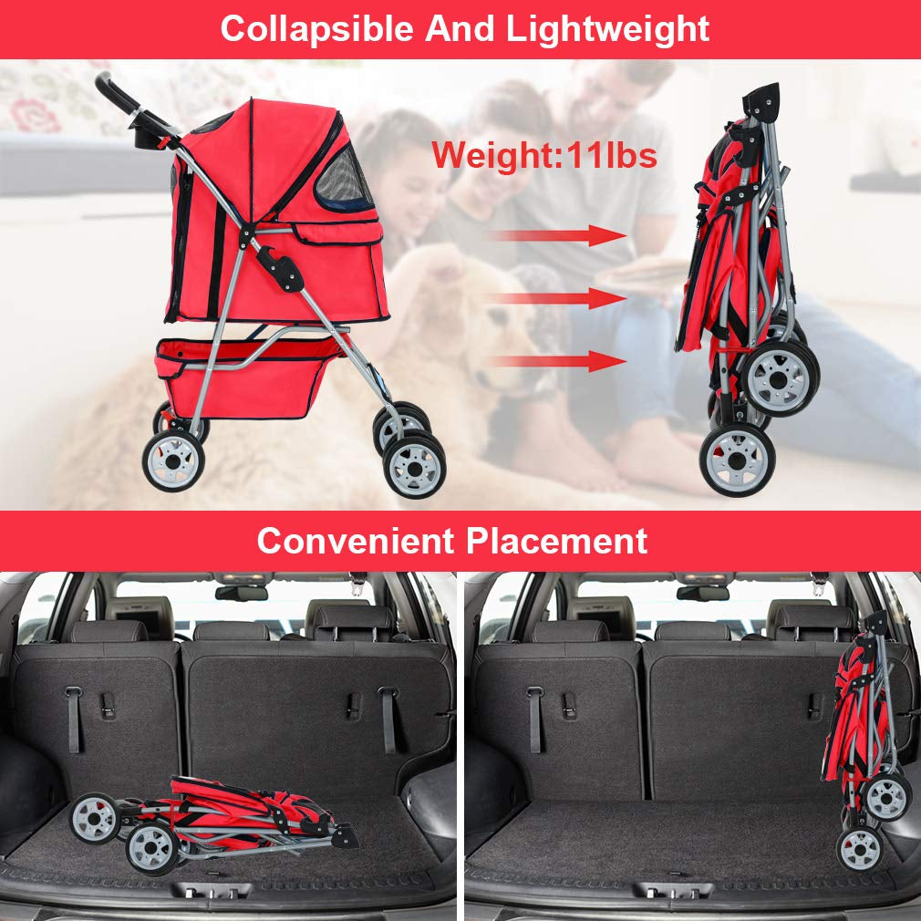| 4-Wheel Foldable Pet Stroller | Red | Lightweight & Portable