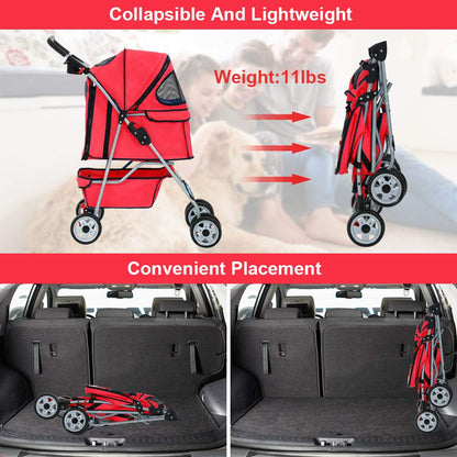 | 4-Wheel Foldable Pet Stroller | Red | Lightweight & Portable