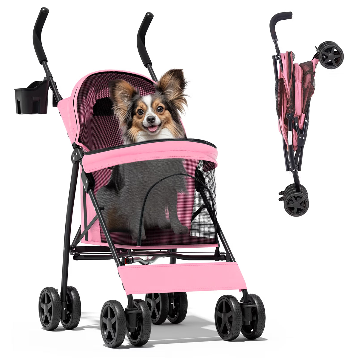 Magshion Foldable Pet Stroller for Small Dogs Cats up to 22Lbs, Lightweight 4-Wheel Travel Jogger with Mesh Cup Holder Storage, Pink