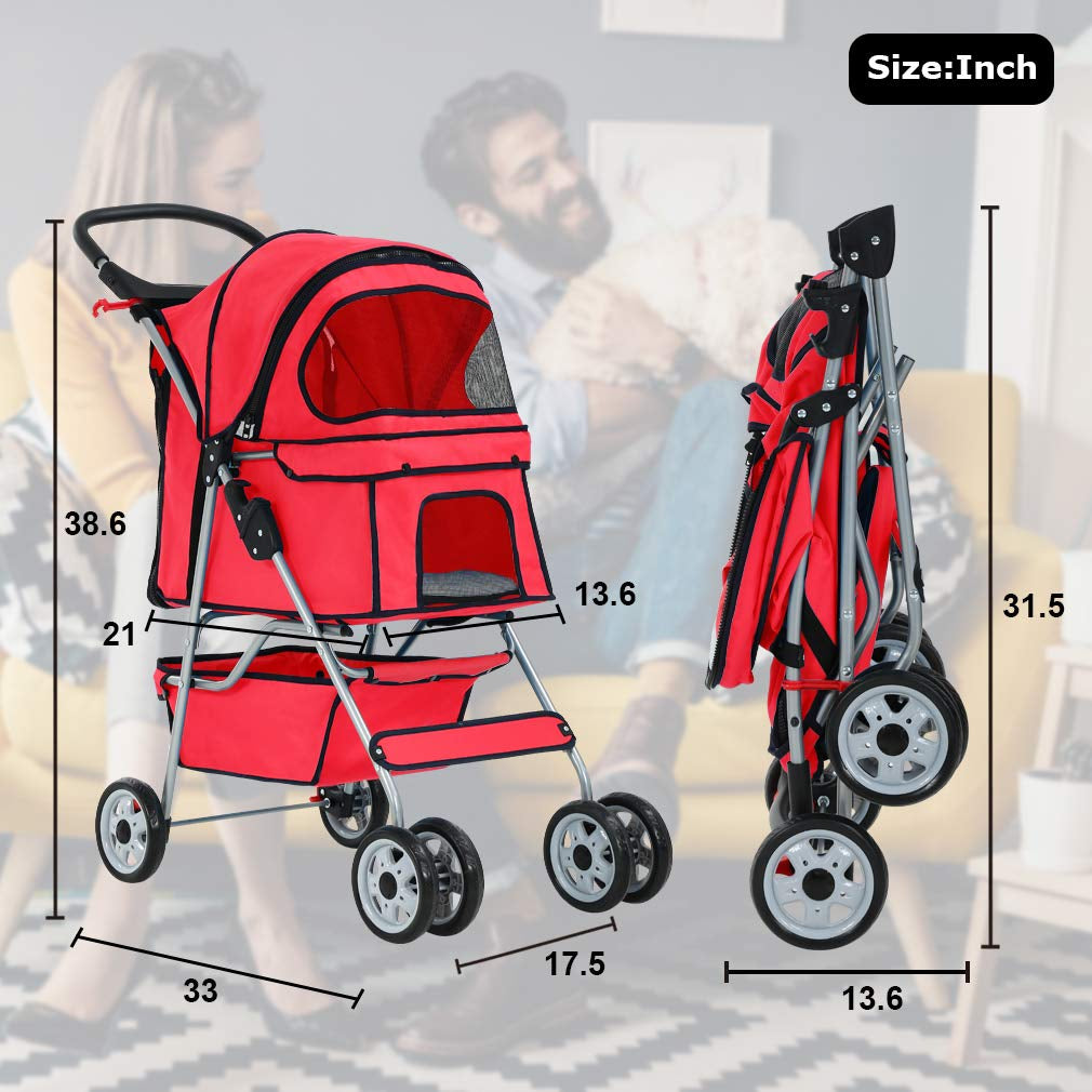 | 4-Wheel Foldable Pet Stroller | Red | Lightweight & Portable