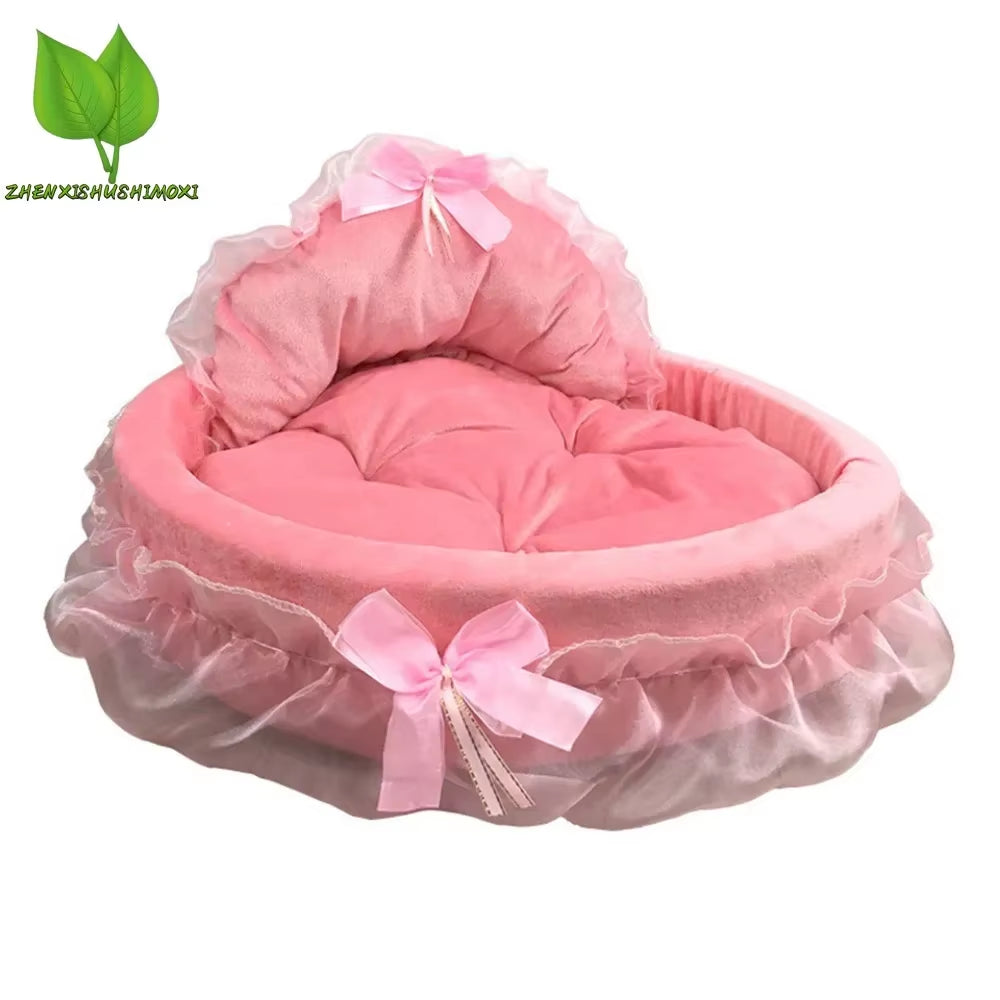 3D Fantasy Bow Lace Pet Bed for Dogs Romantic Detachable Oval Princess Pet Bed Dog Soft Sofa Nest Pet Wedding Furniture 1Pc