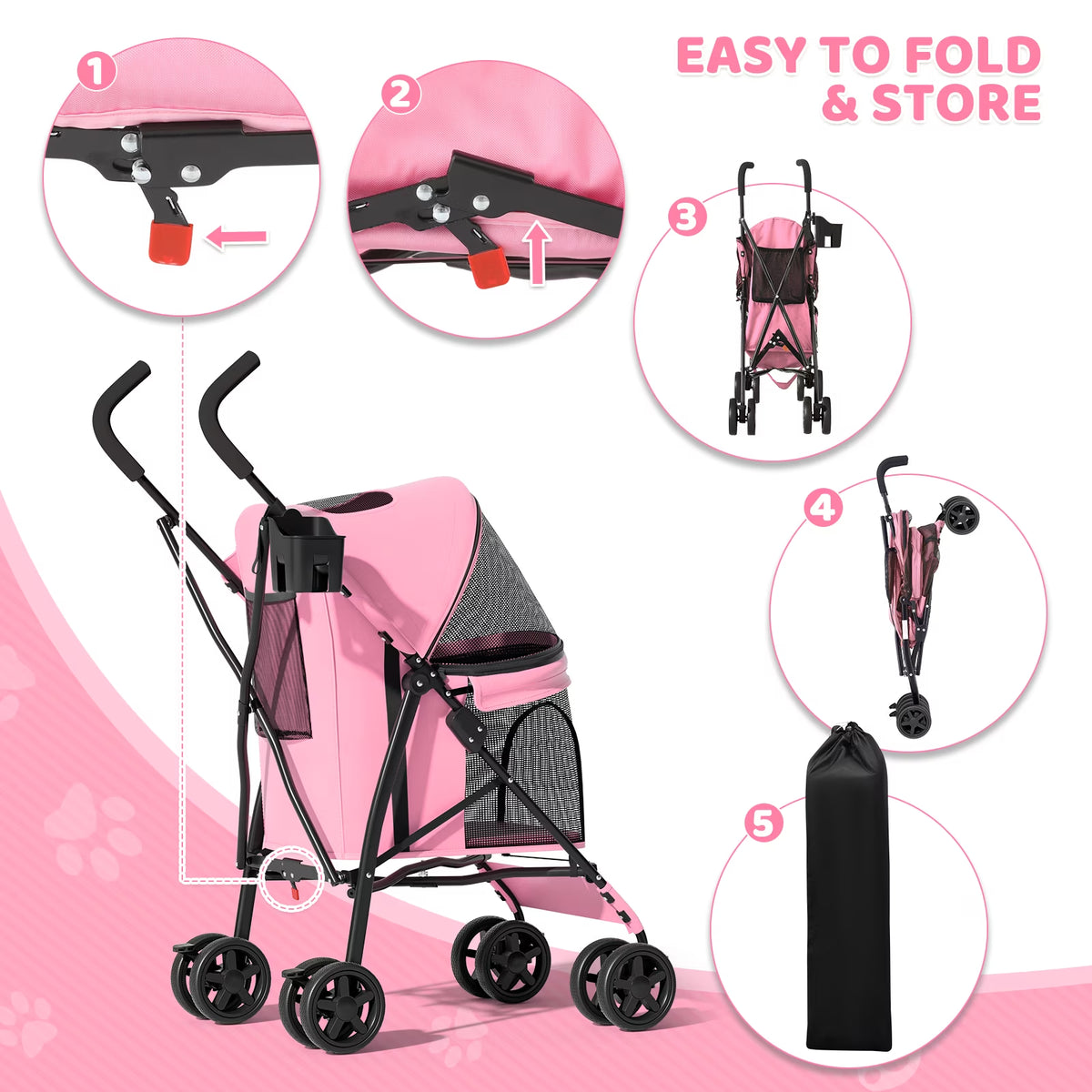 Magshion Foldable Pet Stroller for Small Dogs Cats up to 22Lbs, Lightweight 4-Wheel Travel Jogger with Mesh Cup Holder Storage, Pink