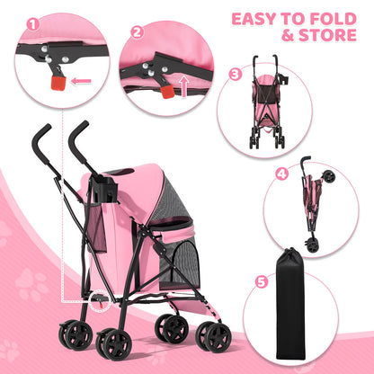 Magshion Foldable Pet Stroller for Small Dogs Cats up to 22Lbs, Lightweight 4-Wheel Travel Jogger with Mesh Cup Holder Storage, Pink