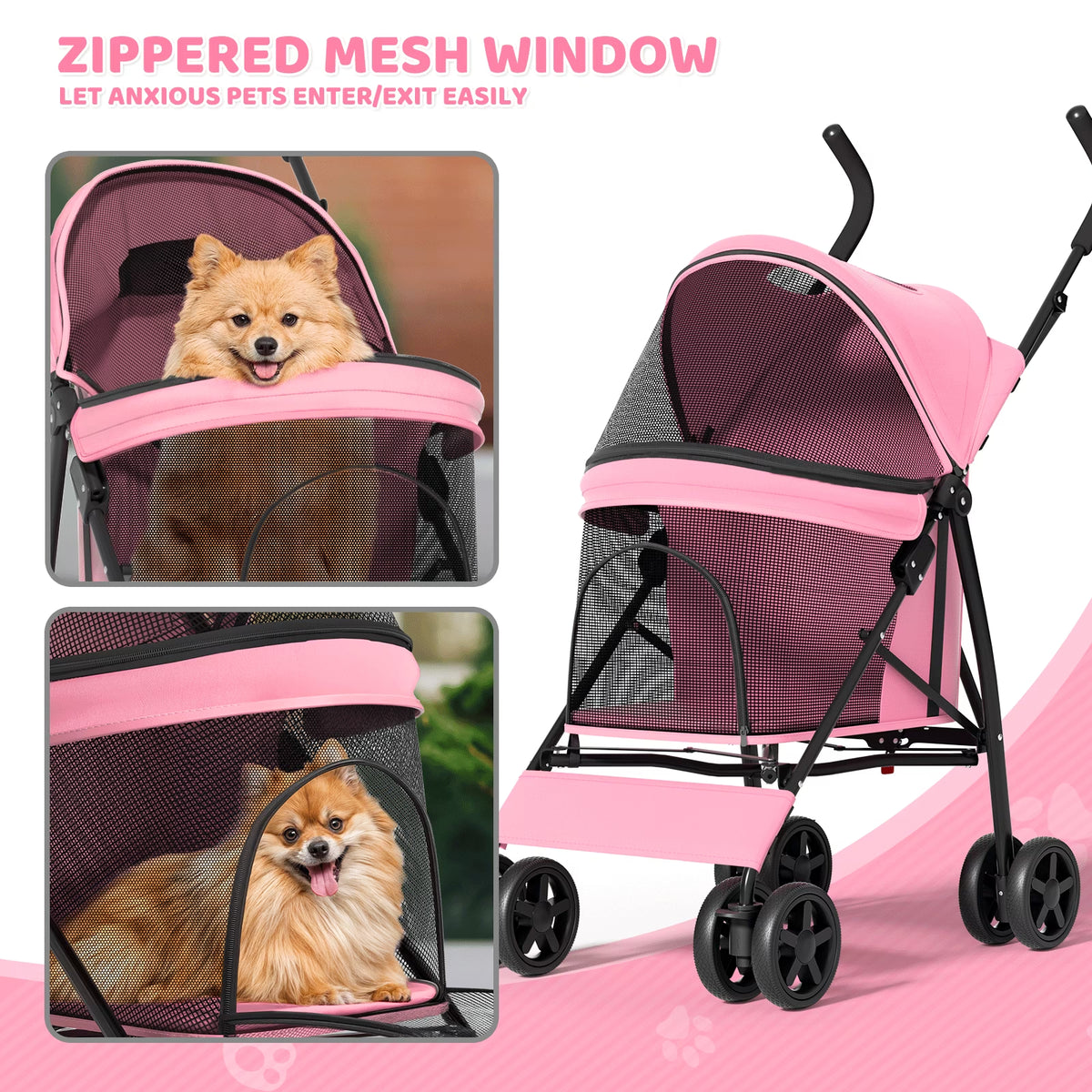 Magshion Foldable Pet Stroller for Small Dogs Cats up to 22Lbs, Lightweight 4-Wheel Travel Jogger with Mesh Cup Holder Storage, Pink