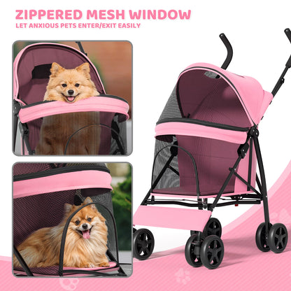 Magshion Foldable Pet Stroller for Small Dogs Cats up to 22Lbs, Lightweight 4-Wheel Travel Jogger with Mesh Cup Holder Storage, Pink