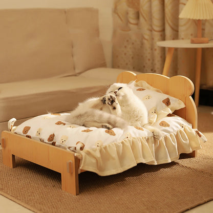 Cat Bed Wooden Cat and Dog Bed with Teddy Bear Pattern Indoor Pet Furniture Floor to Ceiling Bed(20*11Inch)Comfortable Durable