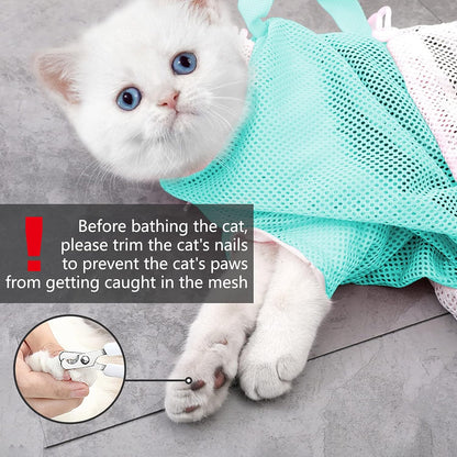 Cat Bathing Bag, Adjustable Anti-Bite and Anti-Scratch Cat Shower Mesh Grooming Bag for Pet Dogs and Cats, Includes Pet Nail Clipper, Nail File, Grooming Glove, and Cat Shell Comb