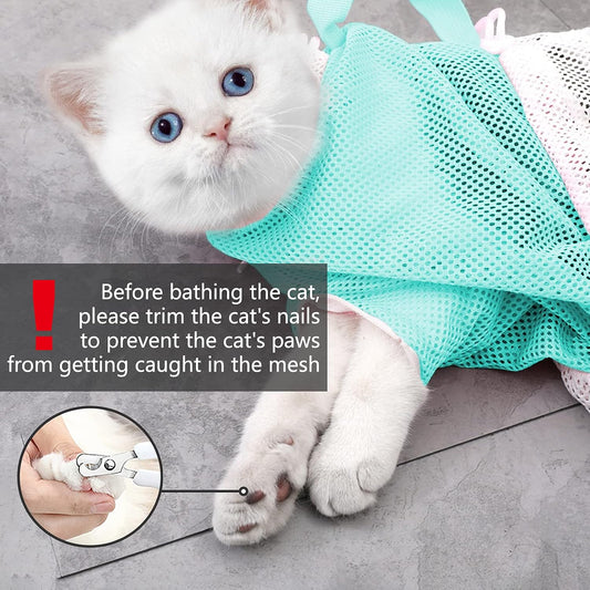 Cat Bathing Bag, Adjustable Anti-Bite and Anti-Scratch Cat Shower Mesh Grooming Bag for Pet Dogs and Cats, Includes Pet Nail Clipper, Nail File, Grooming Glove, and Cat Shell Comb