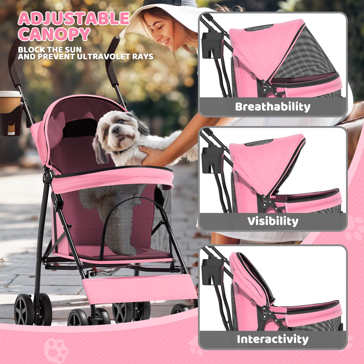 Magshion Foldable Pet Stroller for Small Dogs Cats up to 22Lbs, Lightweight 4-Wheel Travel Jogger with Mesh Cup Holder Storage, Pink