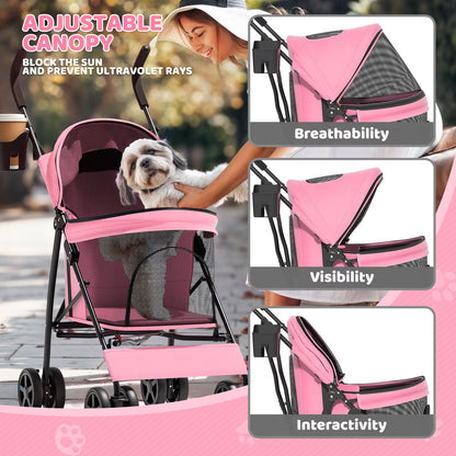 Magshion Foldable Pet Stroller for Small Dogs Cats up to 22Lbs, Lightweight 4-Wheel Travel Jogger with Mesh Cup Holder Storage, Pink