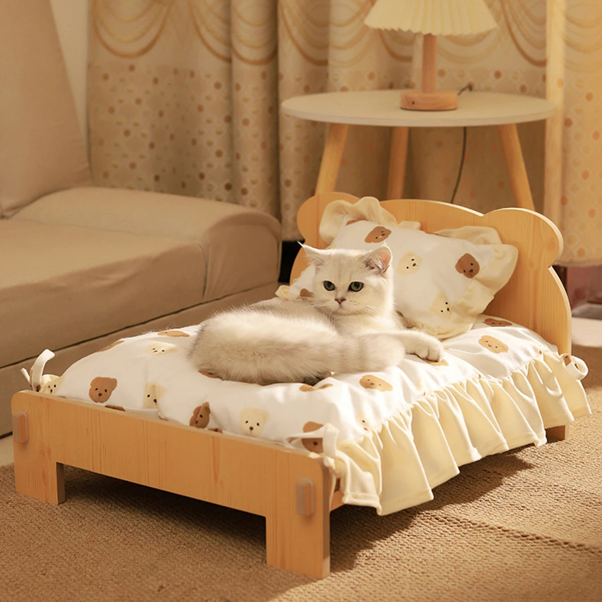 Cat Bed Wooden Cat and Dog Bed with Teddy Bear Pattern Indoor Pet Furniture Floor to Ceiling Bed(20*11Inch)Comfortable Durable
