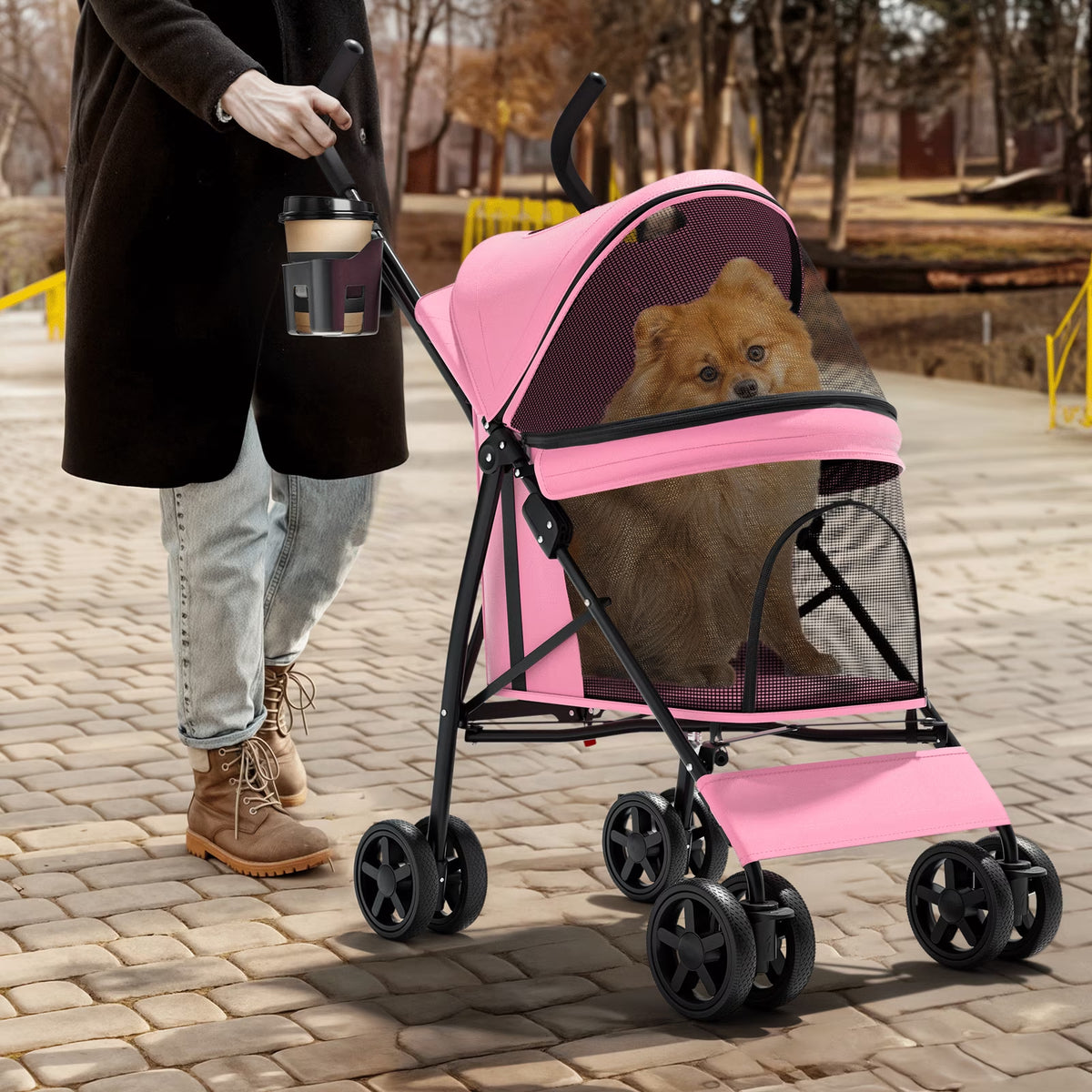 Magshion Foldable Pet Stroller for Small Dogs Cats up to 22Lbs, Lightweight 4-Wheel Travel Jogger with Mesh Cup Holder Storage, Pink