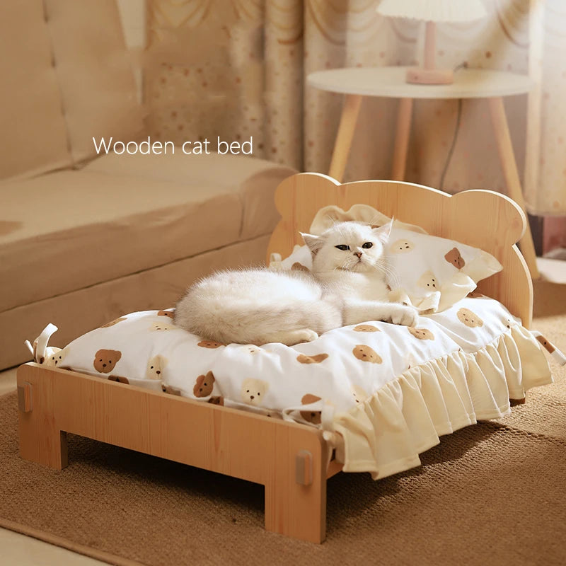 Cat Bed Wooden Cat and Dog Bed with Teddy Bear Pattern Indoor Pet Furniture Floor to Ceiling Bed(20*11Inch)Comfortable Durable