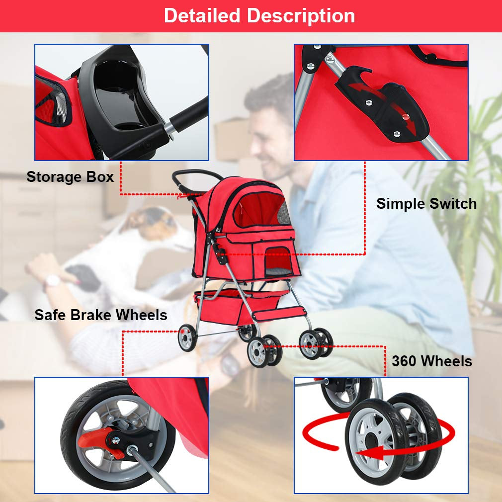 | 4-Wheel Foldable Pet Stroller | Red | Lightweight & Portable