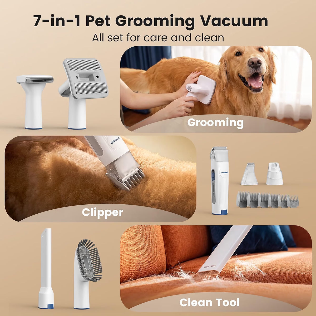 7 in 1 Dog Grooming Kit, Low Noise Pet Grooming Vacuum with 1.5 L Dust Cup, Dog Vacuum for Shedding Grooming, with 7 Professional Grooming Tools for Dogs Cats Pet Hair & Home Car Cleaning