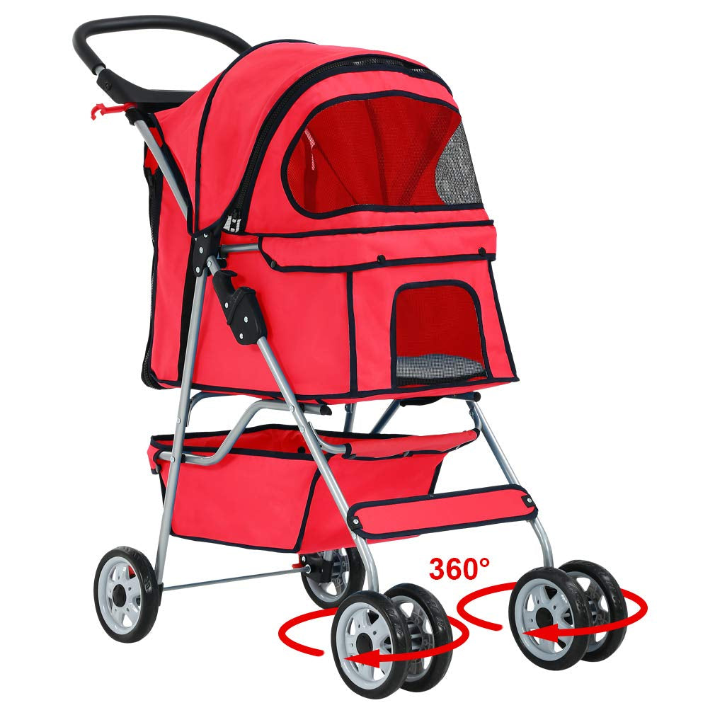 | 4-Wheel Foldable Pet Stroller | Red | Lightweight & Portable
