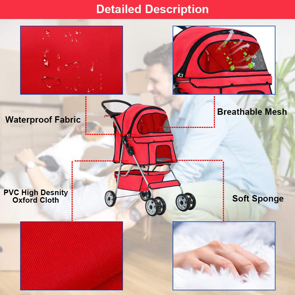 | 4-Wheel Foldable Pet Stroller | Red | Lightweight & Portable
