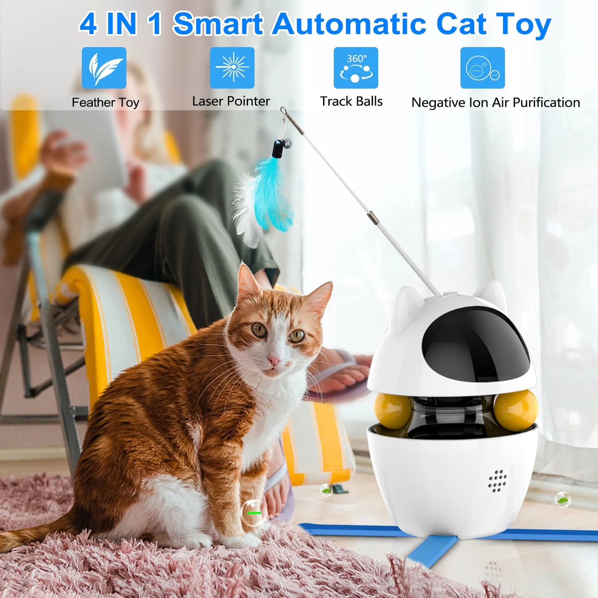 Automatic 3 in 1 Interactive Cat Toy with Laser and Feather for Indoor