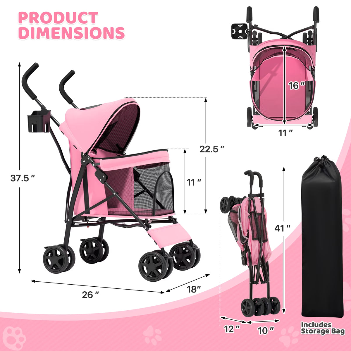 Magshion Foldable Pet Stroller for Small Dogs Cats up to 22Lbs, Lightweight 4-Wheel Travel Jogger with Mesh Cup Holder Storage, Pink